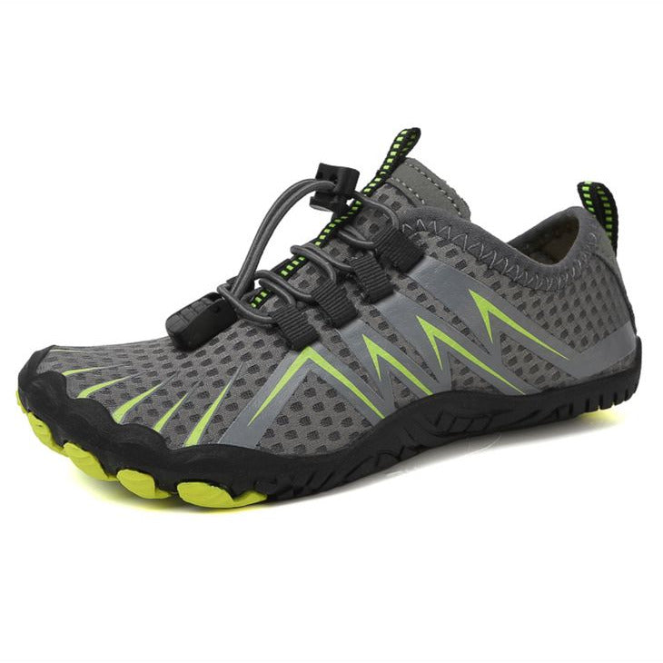Gray Wide toe box shoes with green accents