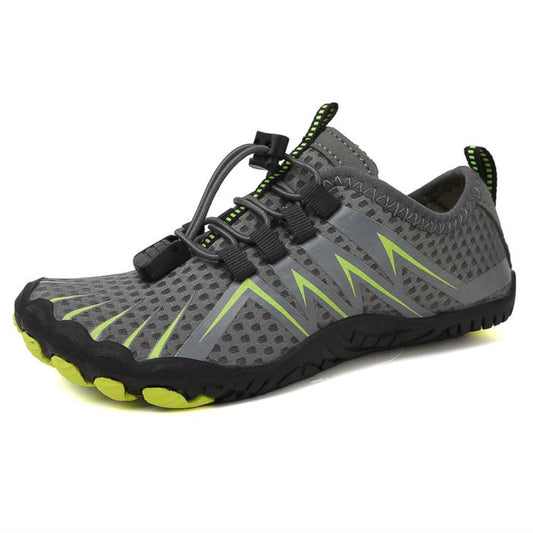 Gray Wide toe box shoes with green accents